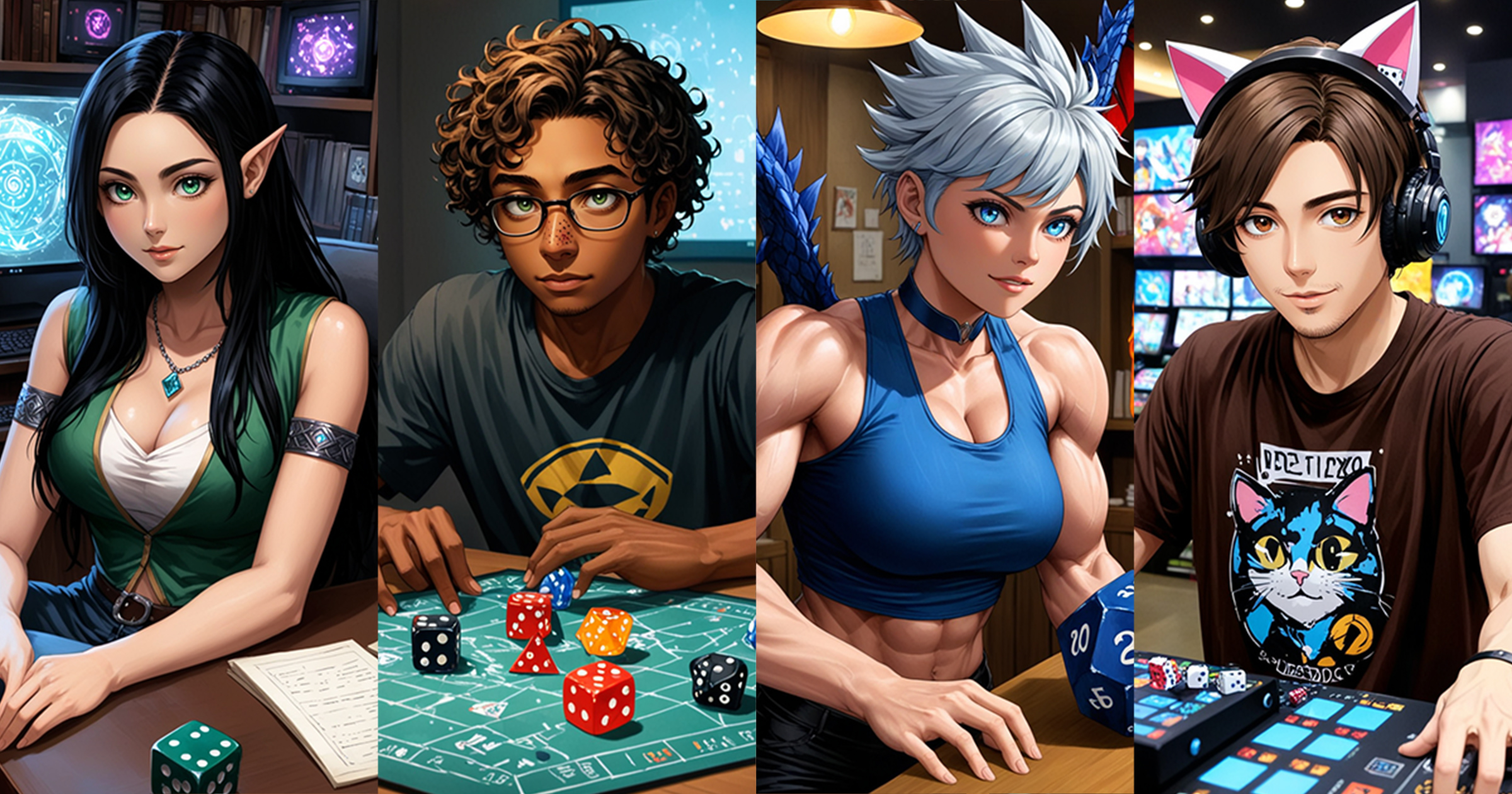 Four characters: Lyra (a modern-day elf RPG Sorceress), Barlo (a human RPG GM Wizard), Thalindra (a half-dragon muscular tomboy gaming trainer) and Kaito (A gaming nekojin DJ) all in Anime form.
